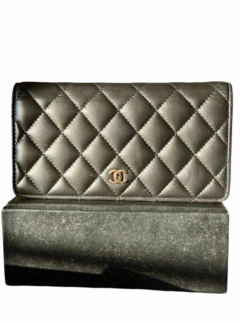 CHANEL Quilted Card Holder in Metallic Gray with Gold CC
